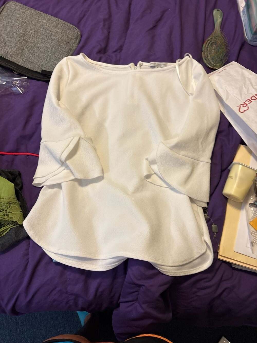 Green Envelope Blouse Large Womens White Round Neck 3/4 Sleeves Boat Neck